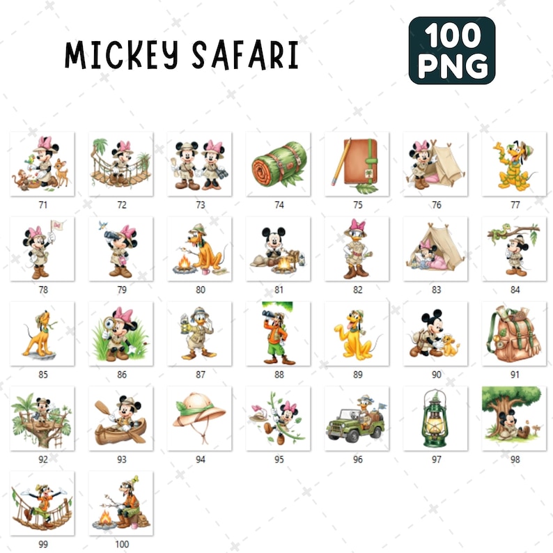 May include: A collection of Mickey Mouse and friends safari-themed PNG images. The images include Mickey and Minnie Mouse, Pluto, and Donald Duck in safari outfits, camping gear, and safari vehicles. The text "MICKEY SAFARI" is at the top.