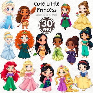 Clipart de princesas en acuarela, paquete de clipart de princesitas adorables, 30 PNG de princesas en acuarela, ilustraciones de princesas dibujadas a mano, arte infantil