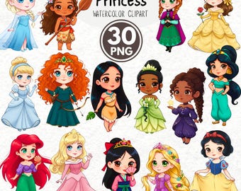 Watercolor Princess Clipart, Cute Little Princess CLipart Bundle, 30 Watercolor Princess PNG, Hand-Drawn Princess Illustrations, Nursery Art