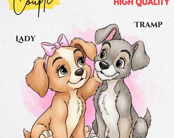 Clipart de casal de bebê Lady e Tramp, Lady Tramp PNG, desenhado à mão, desenho de casal fofo, casalzinho, bebê fofo Lady e Tramp, chá de bebê
