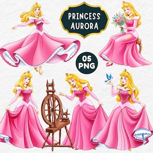May include: A digital illustration set featuring Princess Aurora in various poses. The princess is depicted with long blonde hair, wearing a pink gown with white trim. The set includes a spinning wheel, a bluebird, and a bouquet of flowers. The text "PRINCESS AURORA" is displayed.