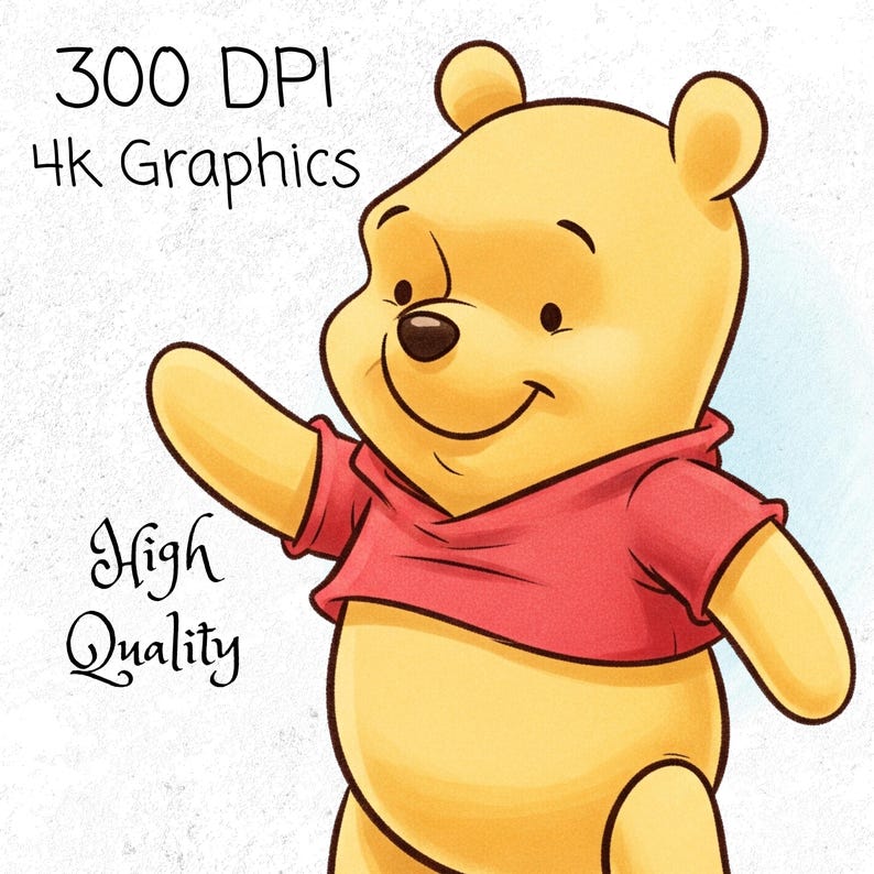 May include: A digital illustration of a yellow bear wearing a red shirt, with the text "300 DPI 4K Graphics" and "High Quality". The bear is smiling and waving, with a light background.