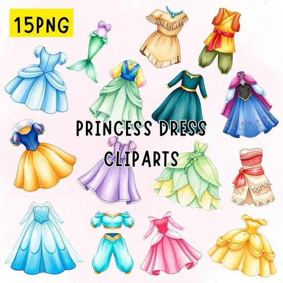 Princess Dress Watercolor Cliparts, Princess Little Dresses PNG, Watercolor  Princess Gown Cliparts, Fairytale Dress Clipart for Parties PNG