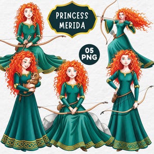 Puede incluir: Ilustración digital de la Princesa Mérida con largo cabello rojo rizado, vestida con un vestido verde azulado con adornos dorados. La imagen incluye un arco y flechas, un oso de peluche y el texto "PRINCESS MERIDA" y "05 PNG".