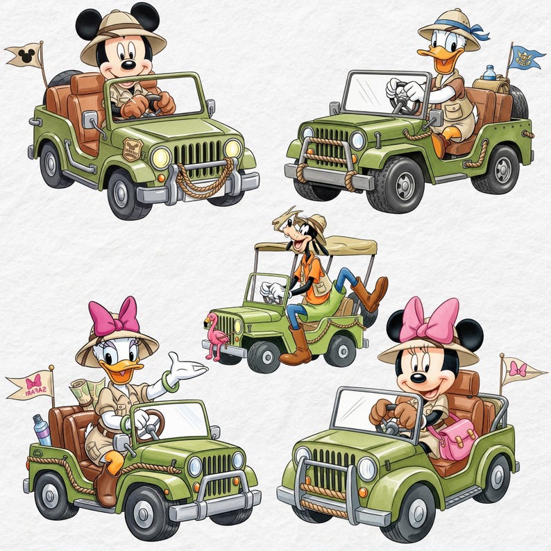 May include: A collection of cartoon characters in safari-themed jeeps. Mickey Mouse, Donald Duck, Goofy, Daisy Duck, and Minnie Mouse are depicted in olive green vehicles with brown seats, wearing safari hats and driving. Each jeep has a flag.