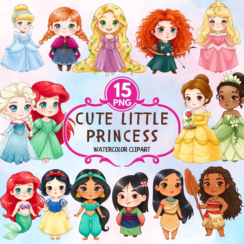 Peut inclure: Un ensemble de 15 images clipart aquarelle de princesses Disney. Chaque princesse est repr&eacute;sent&eacute;e comme un personnage mignon de style dessin anim&eacute; avec de grands yeux et une expression douce. Les princesses sont habill&eacute;es dans leurs tenues embl&eacute;matiques, notamment Cendrillon, Ariel, Belle et Mulan. Les images sont parfaites pour l'artisanat, le scrapbooking et autres projets cr&eacute;atifs.