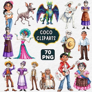 以下が含まれることがあります： 様々なキャラクターが登場する、カラフルなココをテーマにしたクリップアートのコレクション。骸骨、ギタリスト、犬などが含まれています。画像には「COCO CLIPARTS」と「70 PNG」の文字が含まれています。