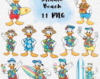 Imágenes prediseñadas de Donald Duck en la playa, Mickey y sus amigos en verano, Donald Duck PNG, Donald Duck surfeando, viaje familiar a la playa, verano con Donald Duck
