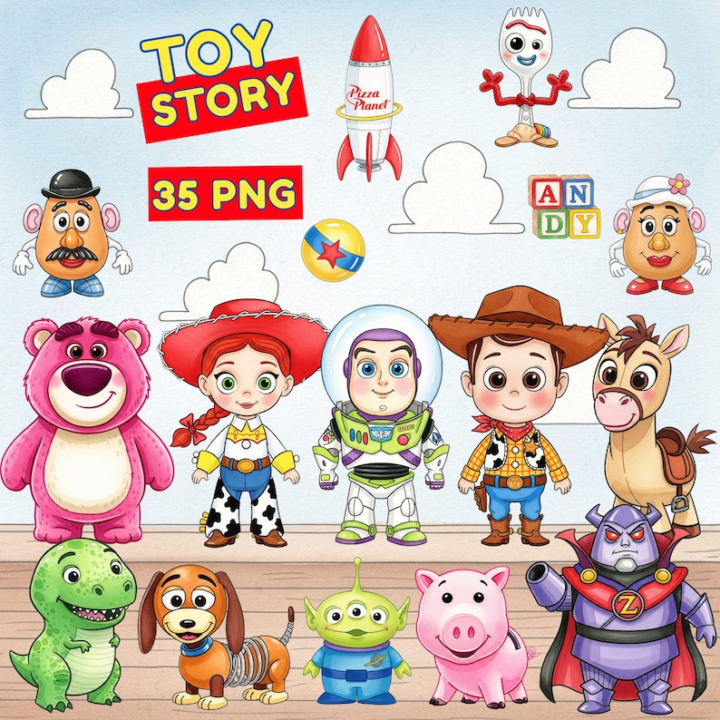 K&ouml;nnte beinhalten: Eine Sammlung farbenfroher digitaler Illustrationen mit Charakteren und Elementen aus dem Animationsfilm "Toy Story". Enth&auml;lt Charaktere wie Woody, Buzz Lightyear und andere, zusammen mit dem Text "Toy Story" und "35 PNG."