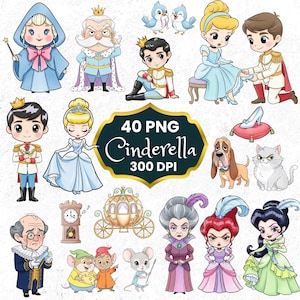 Cute Cinderella Clipart Set, 30 Cinderella PNG, Watercolor Cinderella PNG, Fairy Tale Princess, Glass Slipper, Castle,  Pumpkin Carriage PNG