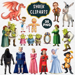 Puede incluir: Una colección de cliparts de Shrek con varios personajes de la película animada. Incluye a Shrek, Fiona, Asno, Gato con Botas y otros personajes. La imagen también incluye un dragón rojo y el texto "SHREK CLIPARTS" y "35 PNG".