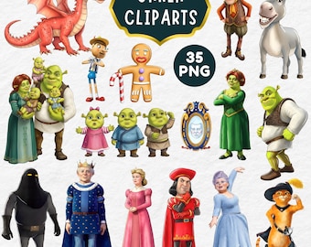 Shrek Clipart, Shrek 35 PNG Bundle, Aniversário do Shrek, Burro, Fiona, Gato de Botas e Amigos Clipart, Topo de Bolo do Shrek, Homem-Biscoito PNG