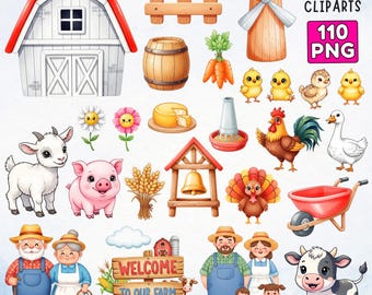 Imágenes prediseñadas de animales de granja, imágenes prediseñadas de granja linda, imágenes prediseñadas de animales de granja bebés, imágenes prediseñadas de guardería de granja, imágenes prediseñadas de acuarela de granja, granja, pequeños granjeros