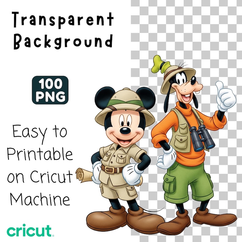 May include: Digital graphic featuring Mickey Mouse and Goofy in safari outfits. Mickey Mouse wears a khaki safari suit and hat, holding a scroll. Goofy wears an orange shirt, green shorts, and a safari hat, holding binoculars. Text reads "Transparent Background" and "Easy to Printable on Cricut Machine."