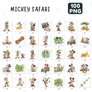 May include: A collection of 35 PNG images featuring Mickey Mouse and friends in safari-themed outfits. The images include characters like Mickey, Minnie, Donald, and Goofy, with safari hats, binoculars, and other accessories. The text "MICKEY SAFARI" is at the top.