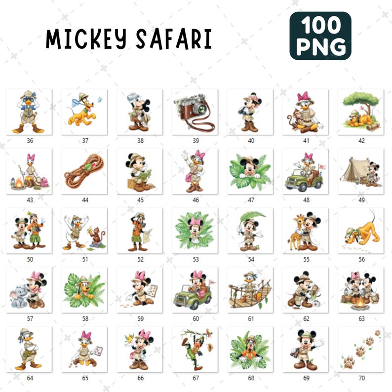 May include: A collection of 35 PNG images featuring Mickey Mouse and friends in safari-themed outfits. The images include characters like Mickey, Minnie, Donald, and Goofy, with safari hats, binoculars, and other accessories. The text "MICKEY SAFARI" is at the top.