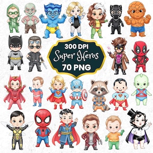 Clipart de bebê super-herói fofo, Pacote de clipart de super-herói, Super-herói Chibi, Clipart dos Vingadores, Clipart do Hulk, Vingadores da Marvel, Clipart do Homem-Aranha