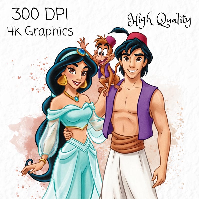 Pu&ograve; includere: Illustrazione di Aladdin, la principessa Jasmine e la scimmia Abu. Jasmine indossa un abito azzurro e gioielli d'oro. Aladdin &egrave; a torso nudo, con un gilet viola e pantaloni bianchi. Abu &egrave; seduto sulla spalla di Aladdin. Il testo recita "300 DPI 4K Graphics" e "High Quality."