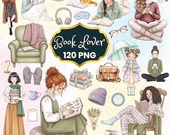 Booklover Clipart PNG, Cozy Reading Clipart, Booklover Girl, Bookworm Clipart, Watercolor Moody Fall, Springtime Clipart, Planner, Scrapbook