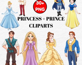 Op de afbeelding: Digitale clipart met illustraties van verschillende prinsessen en prinsen in hun iconische outfits. De afbeelding bevat Assepoester, Sneeuwwitje, Belle, Rapunzel en anderen. De tekst "Princess + Prince Cliparts" wordt weergegeven.