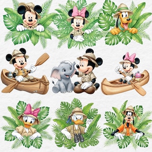 May include: A collection of cartoon characters, including Mickey Mouse, Minnie Mouse, Pluto, Donald Duck, Daisy Duck, and Goofy, dressed in safari attire. They are surrounded by lush green tropical leaves, with some characters in canoes or interacting with an elephant.