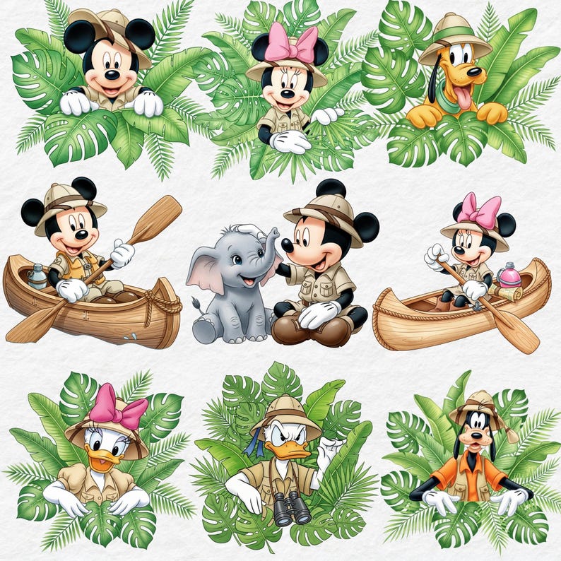 May include: A collection of cartoon characters, including Mickey Mouse, Minnie Mouse, Pluto, Donald Duck, Daisy Duck, and Goofy, dressed in safari attire. They are surrounded by lush green tropical leaves, with some characters in canoes or interacting with an elephant.