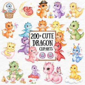 Clipart de bebé dragón, Cliparts de acuarela PNG, Lindo dragón pequeño, Dragones lindos de fantasía para niños, Cumpleaños, Guardería, Decoración, Fiesta, Pegatinas PNG