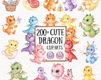 May include: A set of 200+ cute watercolor dragon clipart illustrations. The dragons are in various poses and colors, including red, green, blue, purple, pink, yellow, and orange. The clipart is perfect for creating digital or printed projects, such as invitations, cards, party decorations, and more.