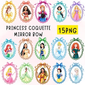 May include: Fifteen PNG images showcasing princess characters within oval frames, each adorned with a decorative bow. The text "PRINCESS COQUETTE MIRROR BOW" is visible above the images.