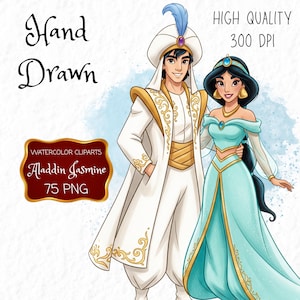 Pu&ograve; includere: Illustrazione ad acquerello disegnata a mano di Aladdin e Jasmine. Aladdin indossa un abito bianco con dettagli dorati e un cappello con piume. Jasmine indossa un vestito turchese con finiture dorate. Il testo "HIGH QUALITY 300 DPI" e "Aladdin Jasmine 75 PNG" &egrave; incluso.