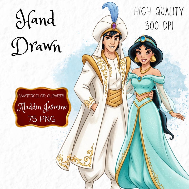 Pu&ograve; includere: Illustrazione ad acquerello disegnata a mano di Aladdin e Jasmine. Aladdin indossa un abito bianco con dettagli dorati e un cappello con piume. Jasmine indossa un vestito turchese con finiture dorate. Il testo "HIGH QUALITY 300 DPI" e "Aladdin Jasmine 75 PNG" &egrave; incluso.