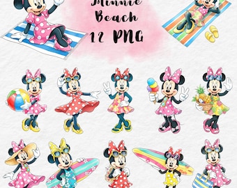 Minnie Mouse Strandurlaub Clipart, Micky und Freunde Sommer, Minnie Maus PNG, Minnie Surfen, Familien Strandausflug PNG, Minnie Sommer PNG
