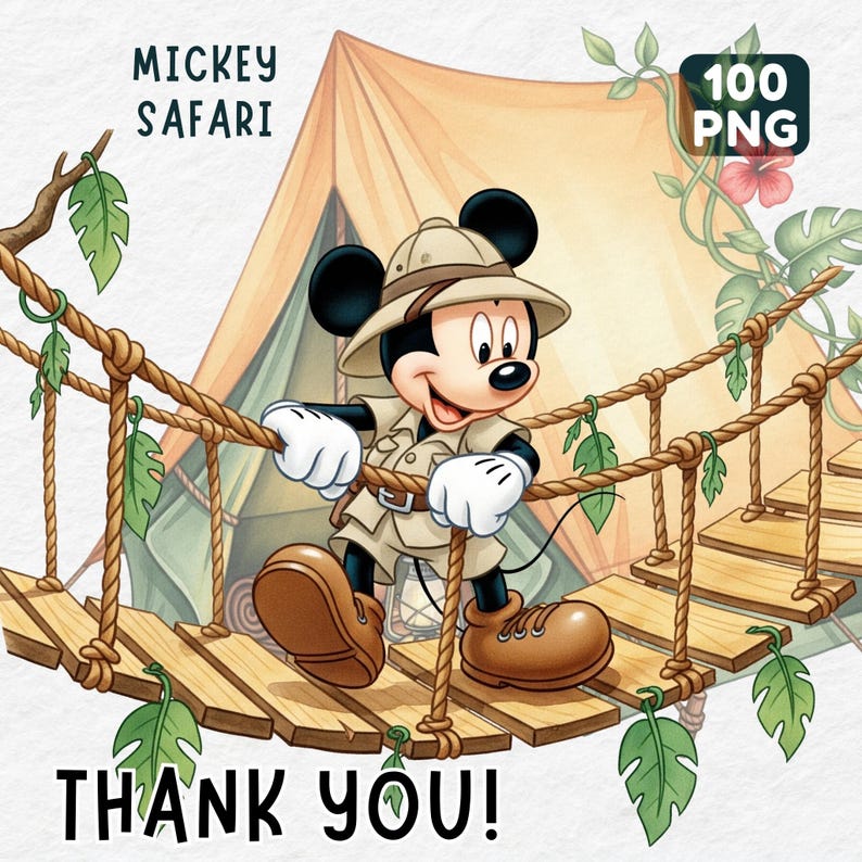 May include: Mickey Mouse in safari attire crossing a rope bridge, with a tent in the background. The image includes the text "Mickey Safari", "100 PNG", and "THANK YOU!"