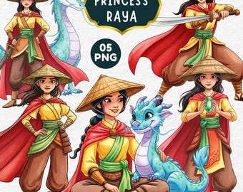 Clipart de aquarela da Raya, Princesa em aquarela, Princesa de conto de fadas, Aniversário da Raya, Princesa desenhada à mão, Topo de bolo da Raya, Arte de decoração para festa da Raya