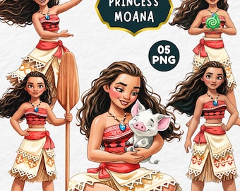 Moana Watercolor Clipart PNG, Hawaii Watercolor Princess, Moana Fairytale Princess, Moana Birthday, Hand Drawn Princess, Moana Cake Topper