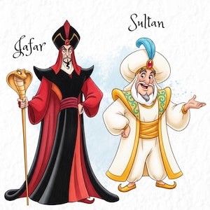 Pu&ograve; includere: Illustrazione di Jafar e del Sultano di Aladdin. Jafar indossa un abito nero e rosso, con un bastone con la testa di cobra. Il Sultano indossa vesti bianche e dorate, con una piuma blu nel turbante. I nomi "Jafar" e "Sultan" sono scritti sopra.