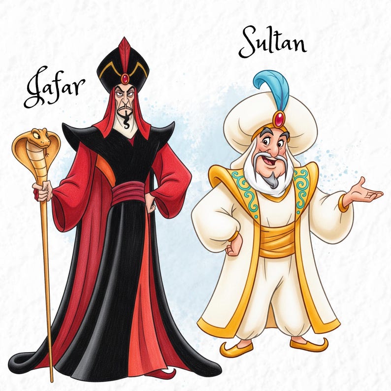 Pu&ograve; includere: Illustrazione di Jafar e del Sultano di Aladdin. Jafar indossa un abito nero e rosso, con un bastone con la testa di cobra. Il Sultano indossa vesti bianche e dorate, con una piuma blu nel turbante. I nomi "Jafar" e "Sultan" sono scritti sopra.