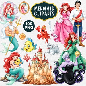 Pode incluir: Uma coleção de cliparts de sereias com vários personagens, incluindo sereias, um caranguejo, um peixe, um castelo e um príncipe. A imagem inclui o texto "MERMAID CLIPARTS" e "100 PNG".