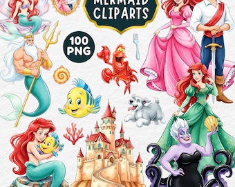 Princess Ariel Clipart, 100 PNG, Little Mermaid, Underwater, Sebastian, Flounder, Triton, Castle, Watercolor Mermaid Clipart, Nursery Art