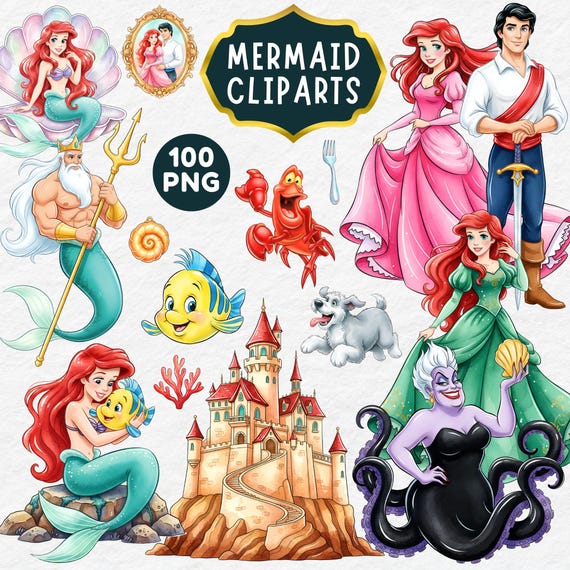 Princess Ariel Clipart, 100 PNG, Little Mermaid, Underwater, Sebastian, Flounder, Triton, Castle, Watercolor Mermaid Clipart, Nursery Art