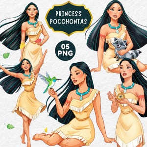 Puede incluir: Ilustraciones digitales de la princesa Pocahontas en varias poses. Se la representa con pelo largo y negro, vistiendo un vestido amarillo claro con flecos y un collar turquesa. También aparecen un mapache, un colibrí y una brújula.