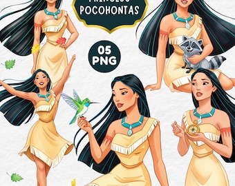 Clipart de aquarela da Pocahontas, Princesa em aquarela, Princesa de conto de fadas da Pocahontas, Aniversário da Pocahontas, Desenho à mão, Topo de bolo da Pocahontas