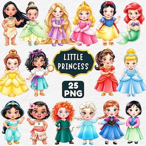 Puede incluir: Una colección de 15 ilustraciones de dibujos animados de princesas, cada una con un atuendo y peinado únicos. Las princesas están en varias poses y tienen diferentes tonos de piel. La imagen incluye el texto "Little Princess" y "25 PNG" sobre un fondo verde oscuro.