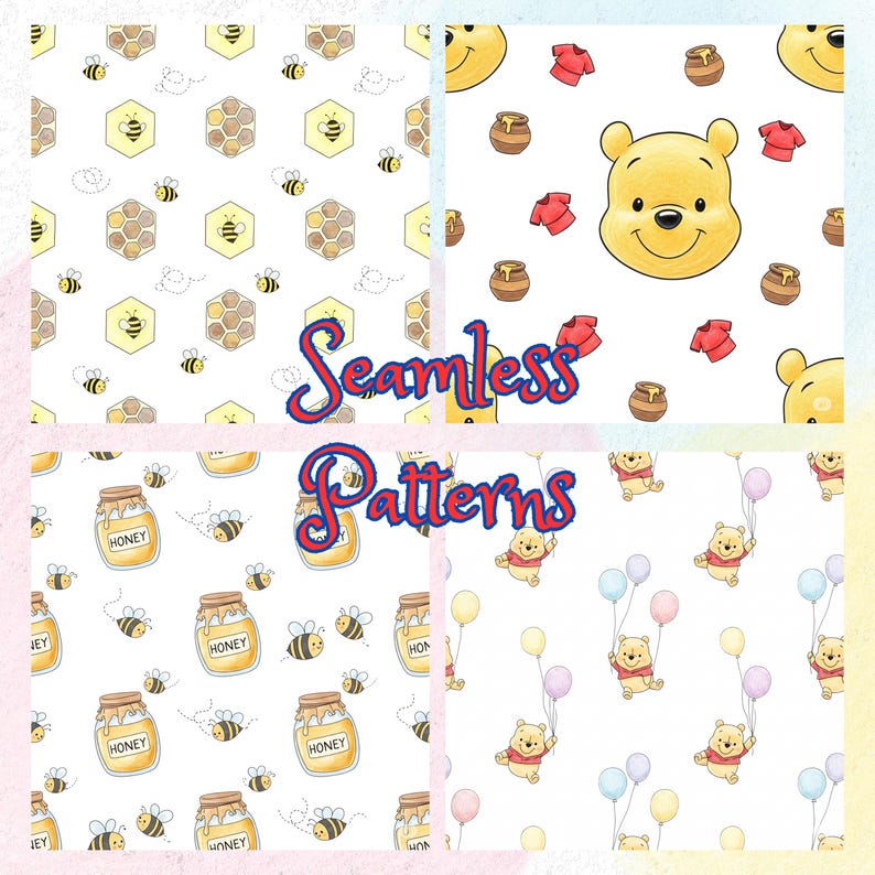 May include: Four seamless patterns featuring illustrations of bees, honey pots, and a yellow bear character. The patterns include bees and honeycomb, the bear with honey pots and red shirts, honey pots and bees, and the bear with balloons. The word "Seamless Patterns" is written in red and blue.