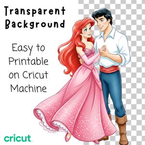 Pode incluir: Ilustra&ccedil;&atilde;o digital de uma princesa em um vestido rosa dan&ccedil;ando com um homem de camisa branca e cal&ccedil;as azuis. A imagem tem o texto "Transparent Background" e "Easy to Printable on Cricut Machine". O logotipo da Cricut est&aacute; no canto inferior esquerdo.