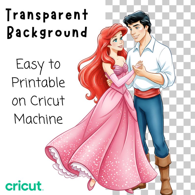 Pode incluir: Ilustra&ccedil;&atilde;o digital de uma princesa em um vestido rosa dan&ccedil;ando com um homem de camisa branca e cal&ccedil;as azuis. A imagem tem o texto "Transparent Background" e "Easy to Printable on Cricut Machine". O logotipo da Cricut est&aacute; no canto inferior esquerdo.