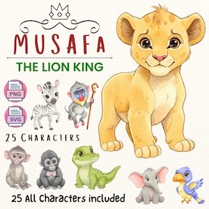 Mufasa: The Lion King, Mufasa 25 alle personages PNG SVG clipart, aquarel safari clipart, commerciële licentie inbegrepen, Instant Download