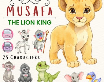 Mufasa: The Lion King, Mufasa 25 All Characters PNG SVG Clipart, Watercolor Safari Clipart, Commercial License Included, Instant Download