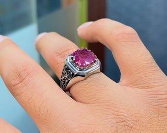 Anillo de rubí natural grabado a mano, estilo otomano, plata de ley 925