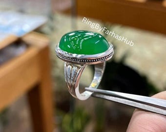 Anillo de ágata verde yemení, plata de ley, hecho a mano.